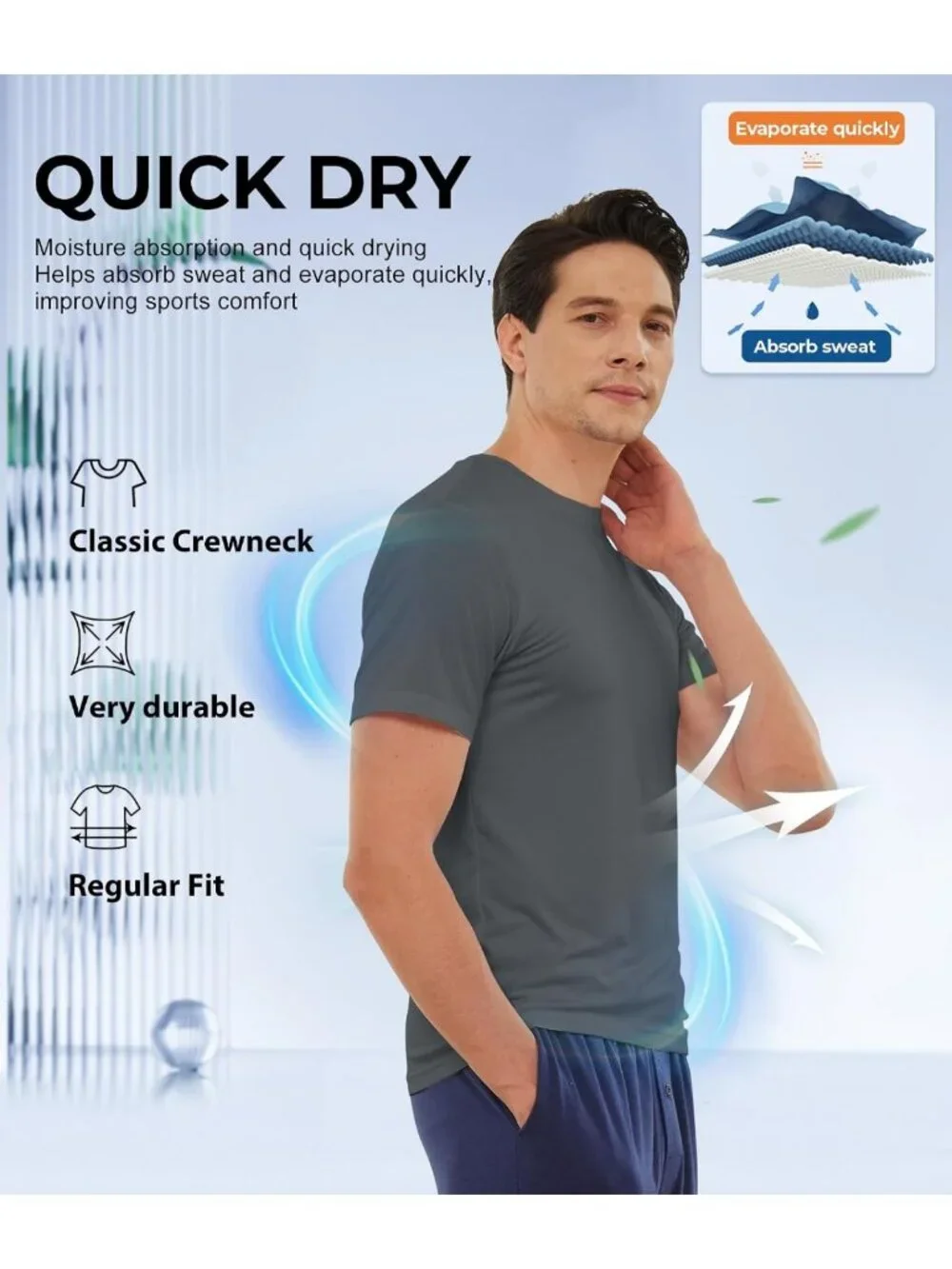 Moisture-Wicking Men's Crewneck Undershirts - 6 Pack, Breathable & Comfortable